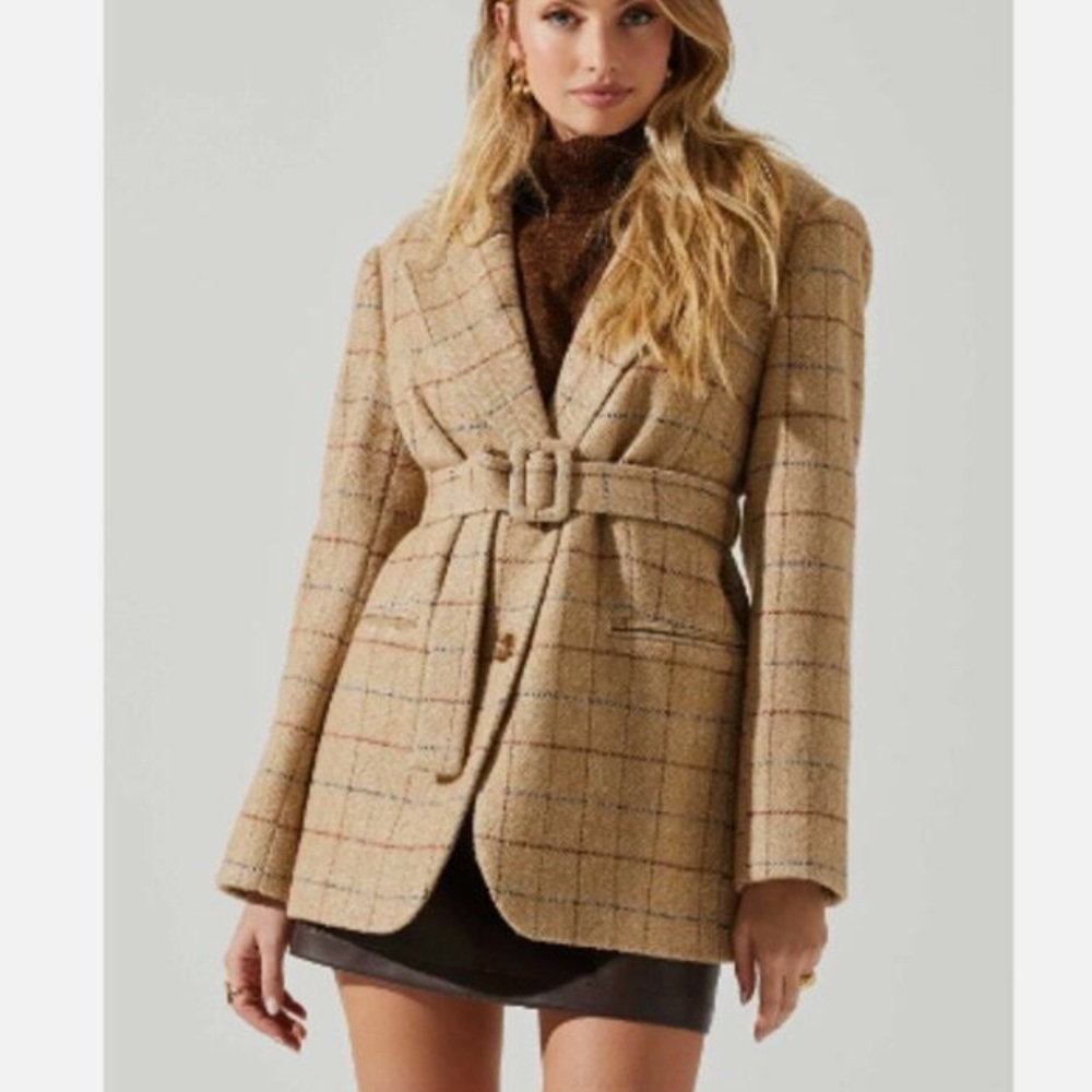 Astr Tan Plaid Belted Blazer